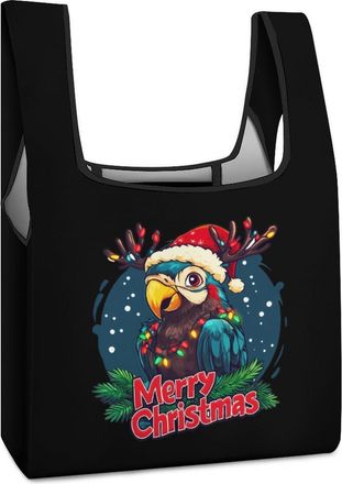Generic Merry Christmas Parrot Shopping Bag Reusable Grocery Tote Bag Foldable Handbag for Travel Picnic