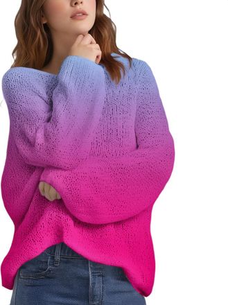 Generic Crochet Tops for Women UK Womens Plain Scoop Neck Sweater Gradient Color-Womens Round Neck Pullover Sweater Soft Comfort Plain Jumper for Women Top Sw