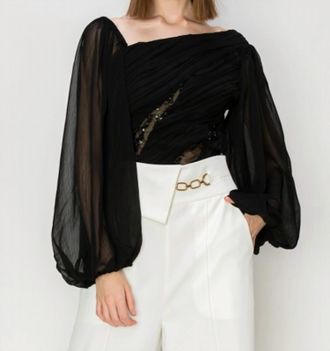 Collective Sequin Mesh Asymmetric Pleated Top In Black