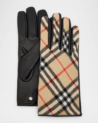 Burberry Men & apos;s Check Wool and Cashmere Gloves with Leather