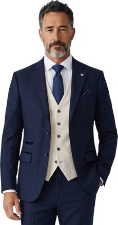 PAUL ANDREW Mens Check Navy Blazer Cream Waistcoat Wedding 3 Piece Suit - Regent