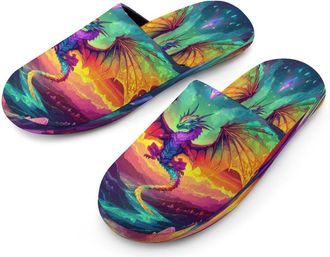 Generic Colorful Dragon Diamond Mens Flannel Slipper Soft Non Slip House Shoes Comfy Winter Warm Indoor Outdoor Slippers