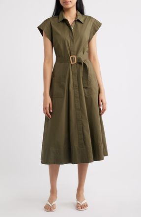 Eliza J Trapunto Midi Shirtdress in Olive at Nordstrom, Size 14