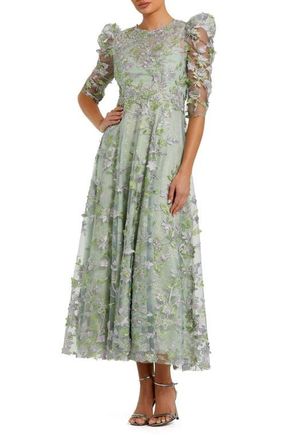 Mac Duggal Applique High Neck 3/4 Puff Sleeve A Line Dress in Sage at Nordstrom, Size 16
