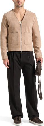 Mani&egrave;re De Voir Maxime Suede Zip Jacket With Contrast Stitch in Beige at Nordstrom, Size Xx-Large