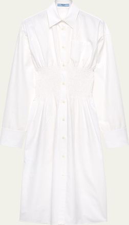 Prada Smocked Canvas Fit-and-Flare Midi Shirt Dress