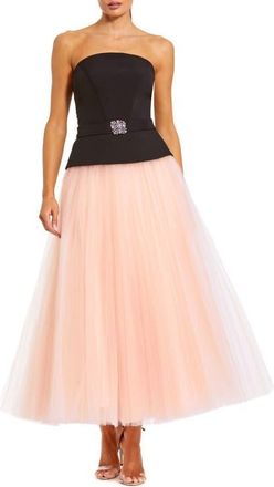 Mac Duggal Strapless Midi Dress with Layered Tulle Skirt in Black Pink at Nordstrom, Size 14