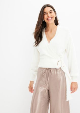 Bonprix Wickelpullover BONPRIX, Damen, Gr. 32/34 (XS), weiss (wollwei&szlig;), Obermaterial: 74% Polyamid, 17% Viskose, 9% Polyester, slim fit, Pullover Wickelpullo