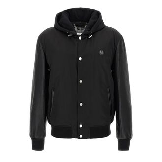 Philipp Plein Winter Jackets, male, Black, L, Nylon & Leather Varsity Bomber Hooded Jacket