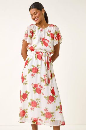 Roman Chiffon Floral Split Sleeve Midi Dress