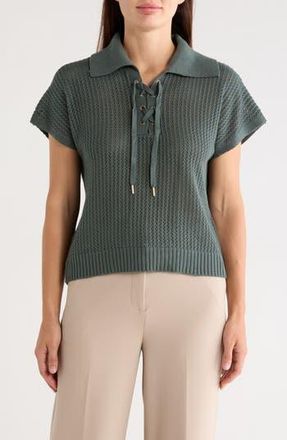 T Tahari Tie Neck Short Sleeve Open Stitch Sweater in Sueded Sage at Nordstrom Rack, Size X-Small