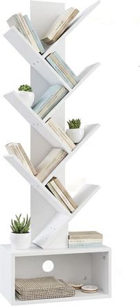 Relaxdays Relaxdays bookcase, 6 shelves, HWD: 113 x 38 x 20 cm, tree design, books & CDs, storage, living room, white