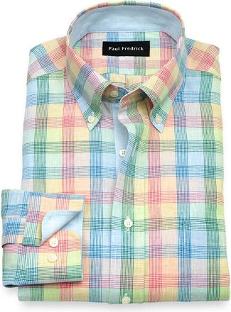 Paul Fredrick Non-iron Linen Plaid Dress Shirt With Contrast Trim