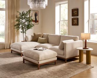 Castlery Owen Left Chaise Sectional Couch with Ottoman, Basketweave Cream, Walnut Leg, Beige Color, Castlery