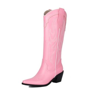 Generic Womens Western Knee-High Boots Faux Leather Rhinestone Embroidery Pointed Toe Mid Chunky Block Heels Soft Lining Durable Non-Slip Design,Pink,5.5 UK