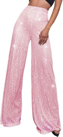 Generic Sequin Trousers Sparkly Trousers for Women UK Elastic High Waist Straight Wide Leg Glitter Pants Glitter Flare Pants Bling Party Elegant Shiny Sequine