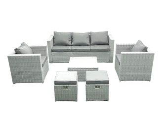Fimous 7 Seater Rattan Garden Furniture Set with 3 Seater Sofa 2 Chair Square Coffee Table 2 Small Footstools Light Grey Mixed