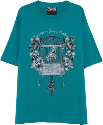 Versace Jeans Couture Verfraaid T-shirt met vogelkooiprint - Blauw