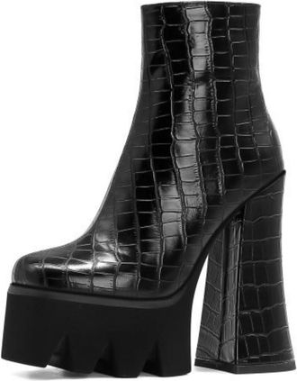 Generic Womens Round Toe Combat Boots Chunky High Heel Platform Short Boot PU Leather Ankle Boots with Side Zipper,Black2,3.5 UK