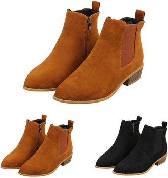 Generic Womens Suede Ankle Boots Chunky Low Heeled Short Booties Ladies Casual Comfortable Brown Non-Slip Boots Pointed Toe Vintage Cowboy Booties with Side Z
