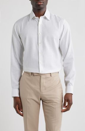 Nordstrom Trim Fit Premium Silk Herringbone Dress Shirt in White Chambray Herringbone at Nordstrom, Size 16.5 - 32