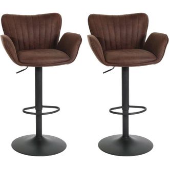 Hhg Hhg - Juego De 2 Taburetes De Bar 098, Taburete De Bar, Con Reposabrazos Reposapi&eacute;s Giratorio Tela/textil Hierro Mvg, Marr&oacute;n Oscuro Pie Negro