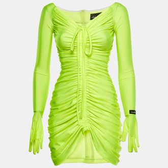 Richard Quinn Neon Green Jersey Glove Detail Ruched Mini Dress