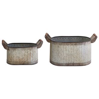 Beliani Beliani - Conjunto De Macetas De Metal Para Interior Y Exterior De Hierro Con Asas De Madera Efecto Envejecido Gris Tulipe