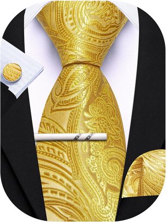 Barry.Wang Gold Tie with Tie Clip for Men Paisley Silk Necktie Pocket Square Cufflinks Set Formal Wedding Party Business