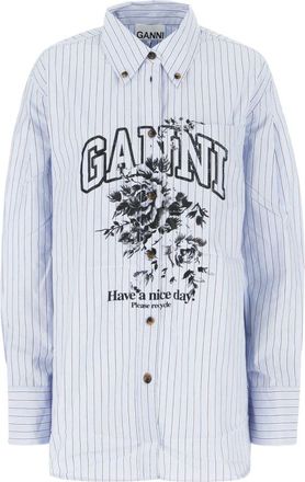 Ganni Overhemden, Dames, Blauw, M, Katoen, Stripe Logo Shirt