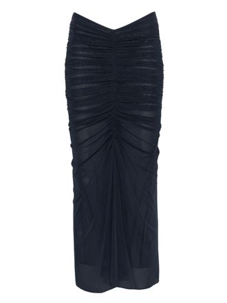 MUGLER Ink Blue Ruched Mesh Midi Skirt