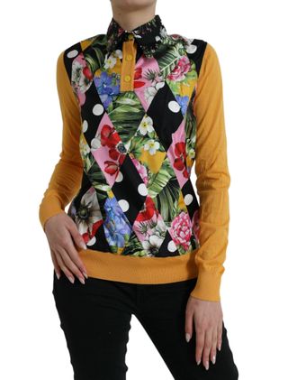 Dolce & Gabbana Womens Multicolor Patchwork Cashmere Henley Sweater Silk Nylon Clothing