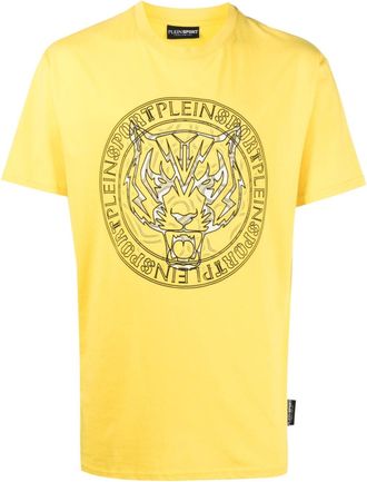 Plein Sport logo tiger-print T-shirt - men - Polyester - S - Yellow
