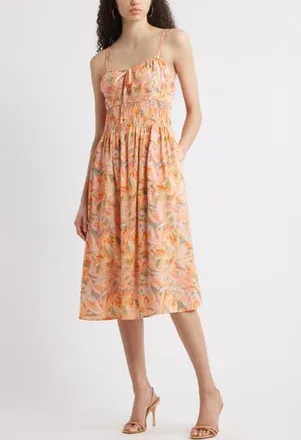 Chelsea28 Smocked Waist Sleeveless Midi Dress in Orange- Abstract Soft Petals at Nordstrom Rack, Size Xx-Large