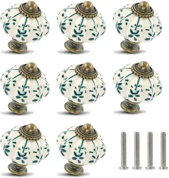 Elle Set Di 12 Pomelli Per Cassetti In Ceramica A Forma Di Zucca, Stile Retr&ograve;, Color Avorio E Verde, Stile Vintage, Viti Incluse, Per Armadi E Com&ograve;