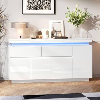 Merax White High Gloss Sideboard with LED, 2 Drawers & 4 Doors