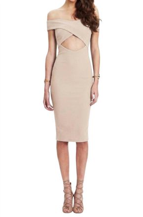 Nookie Boulevard Crossover Cutout Off Shoulder Midi Dress In Nude