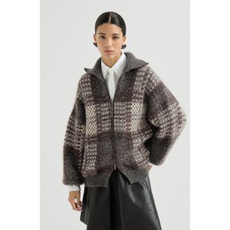 Brunello Cucinelli Dazzling tartan double knit outerwear jacket in mohair, virgin wool and cashmere with shiny zipper pull in Anthracite at