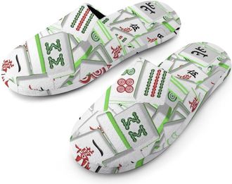 Generic Mahjong Flannel Mens Slip-on Slippers Winter Warm House Shoes with Rubber Sole for Home Hotel