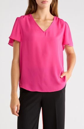 NYDJ Pleated Back Flutter Sleeve Top in Pink Heart at Nordstrom, Size Xx-Small