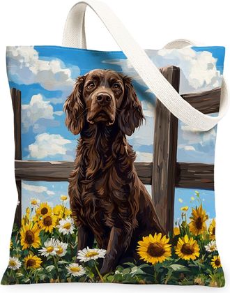 Generic Spring Boykin Spaniel Dog Canvas Tote Bag for Shopping 13x15, Sunflower Fence Puppy Reusable Grocery Print Bag for Women, Farmhouse Pet Beach Aestheti