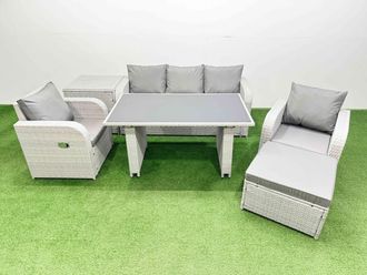Fimous Outdoor Rattan Garden Furniture Dining Set 6-seater with Side Table in Light Grey