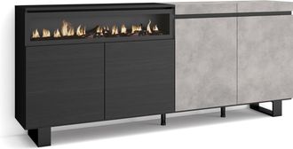Skraut Home Aparadores Para Sal&oacute;n, Gran Capacidad De Almacenaje, 200x87x35cm, 4 Puertas, Chimenea El&eacute;ctrica, Dise&ntilde;o Industrial, Estilo Moderno, Gris Cemento - Skr