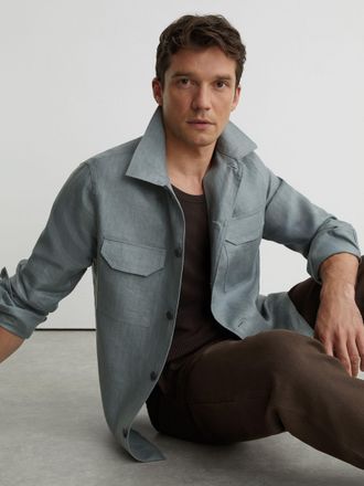 Reiss Midnight Green Linen Herringbone-stripe Regular-fit Shirt, Xxl