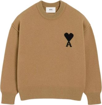 Ami Big Heart Wool Crewneck Sweater Camel Black UKS838-018-288