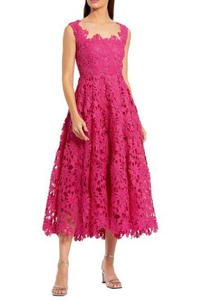 Mac Duggal Sleeveless Square Neck Lace A-Line Midi Dress in Hot Pink at Nordstrom, Size 10