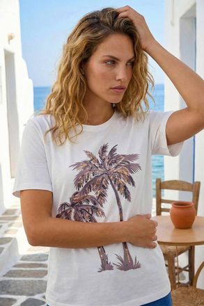 Roman Palm Print Cotton T-Shirt