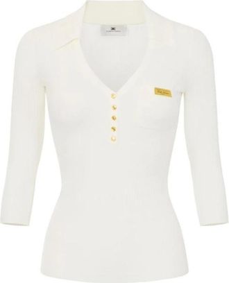 Elisabetta Franchi Micro-gebreide Polo Shirt - Dames - V-hals truien - Wit - M - Truien & Vesten