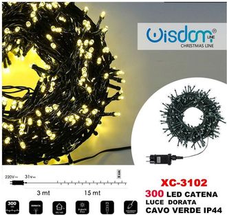 Trade Shop Trade Shop - Catena Luminosa 300 Luci Led Lucciole Luce Dorata Cavo Verde Ip44 Xc-3102