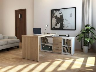 Vente-Unique Corner Desk With Storage - White & Oak - ALDRIC III in Light Oak